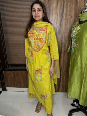 yellow embroidered work suit