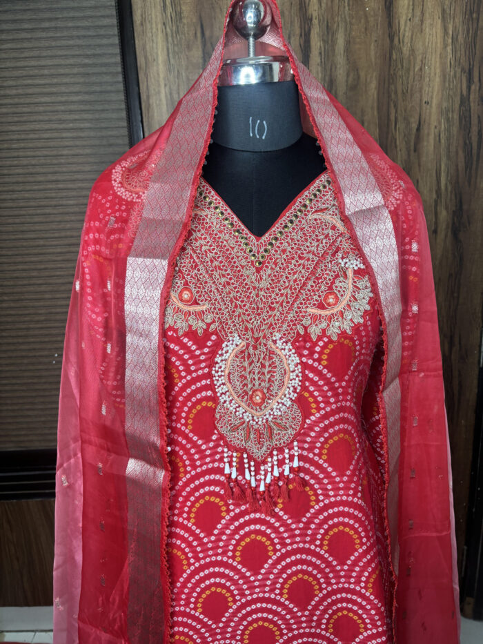 Red Bandhani Printed Embroidered Sharara - Image 2