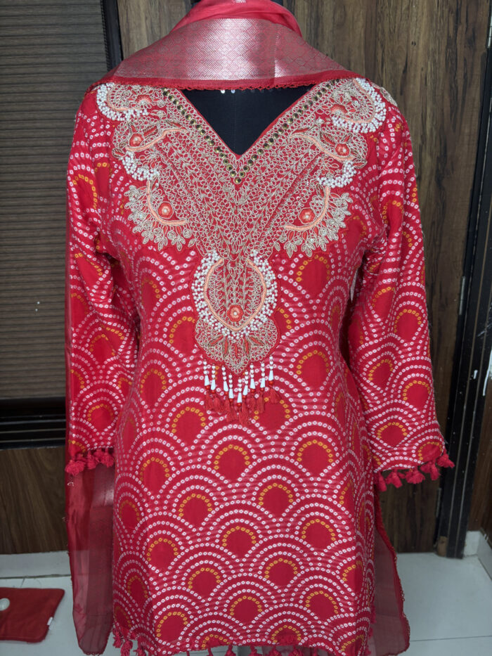 Red Bandhani Printed Embroidered Sharara - Image 4