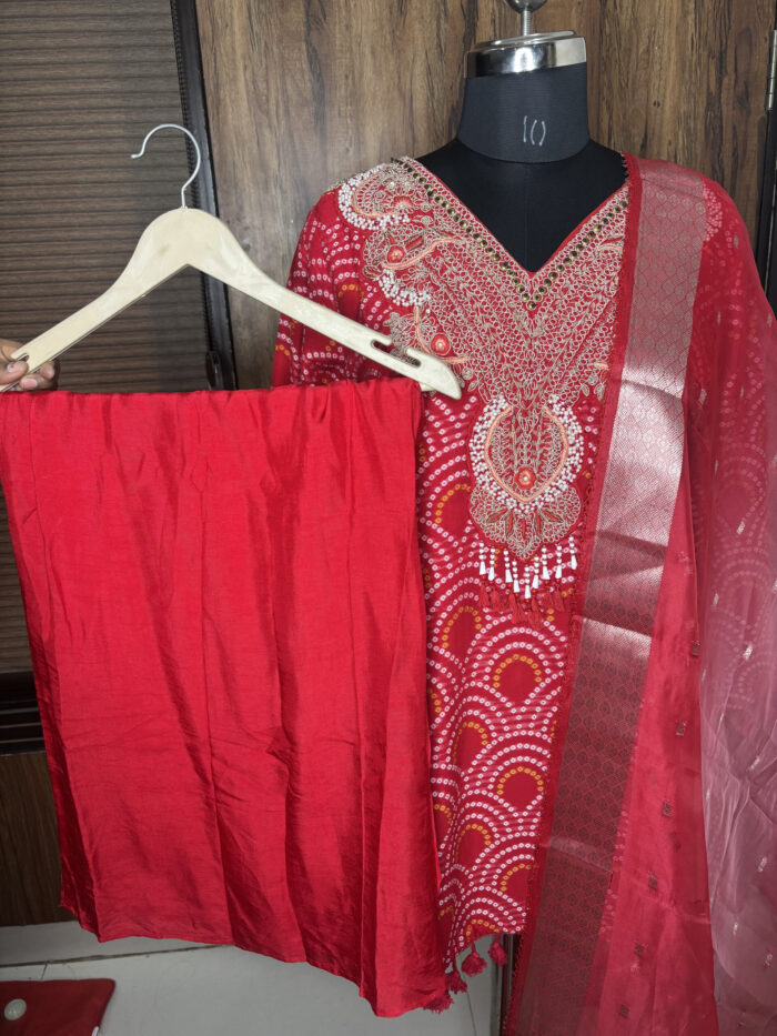 Red Bandhani Printed Embroidered Sharara - Image 8
