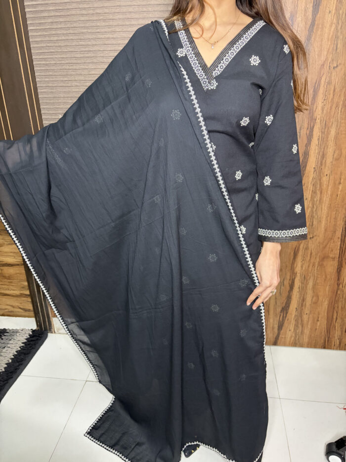 Black V Neck Cotton Suit - Image 7