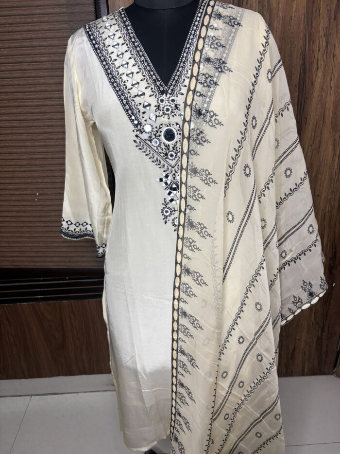 White Crepe Mirror Work Suit - Image 3