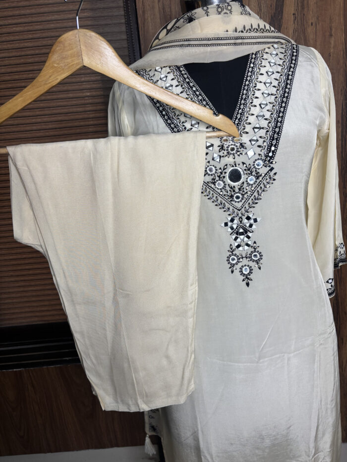 White Crepe Mirror Work Suit - Image 5