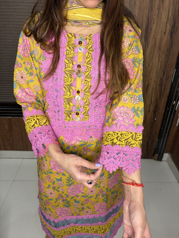 Pink And Yellow Lace Work Suit - Image 2