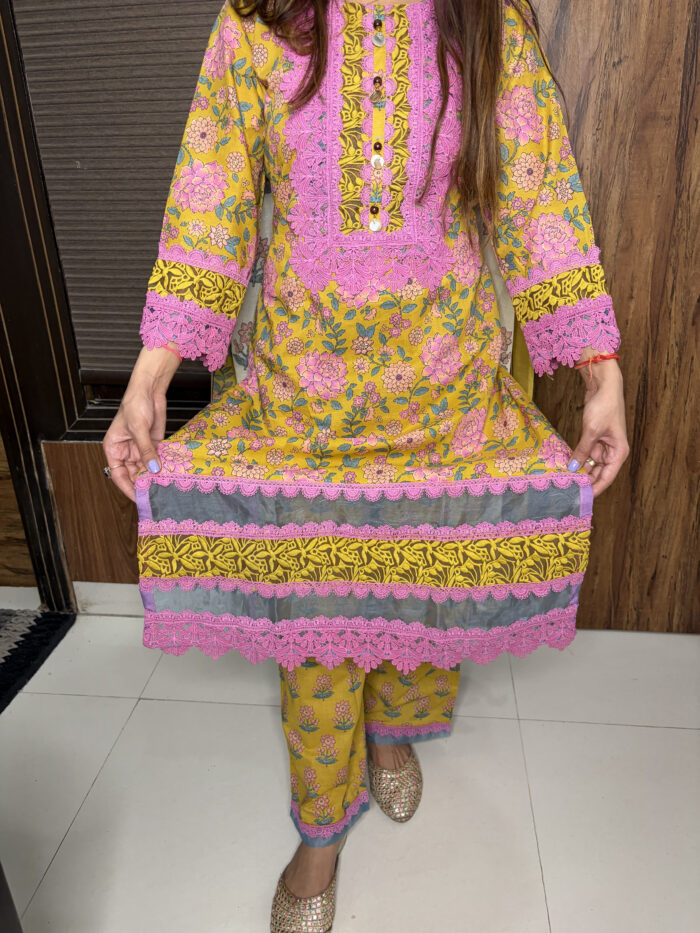 Pink And Yellow Lace Work Suit - Image 3