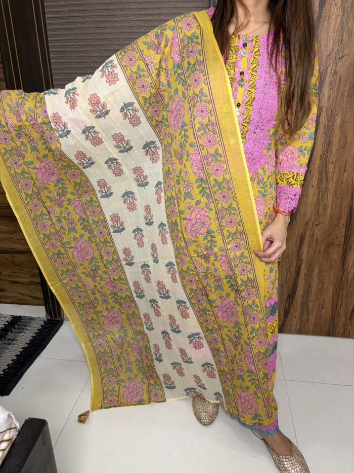 Pink And Yellow Lace Work Suit - Image 4