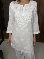 White Chickenkari Short Kurti