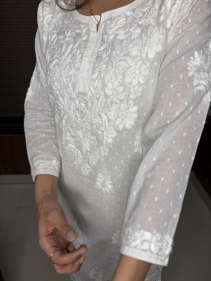 White Chickenkari Short Kurti - Image 2