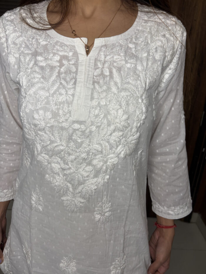 White Chickenkari Short Kurti - Image 3