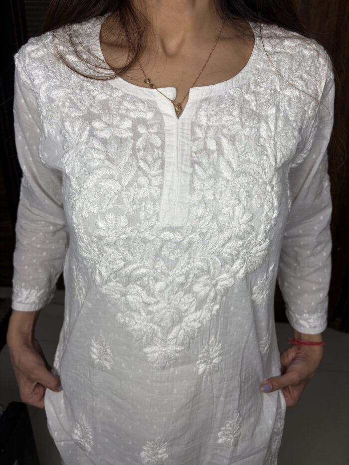 White Chickenkari Short Kurti - Image 5