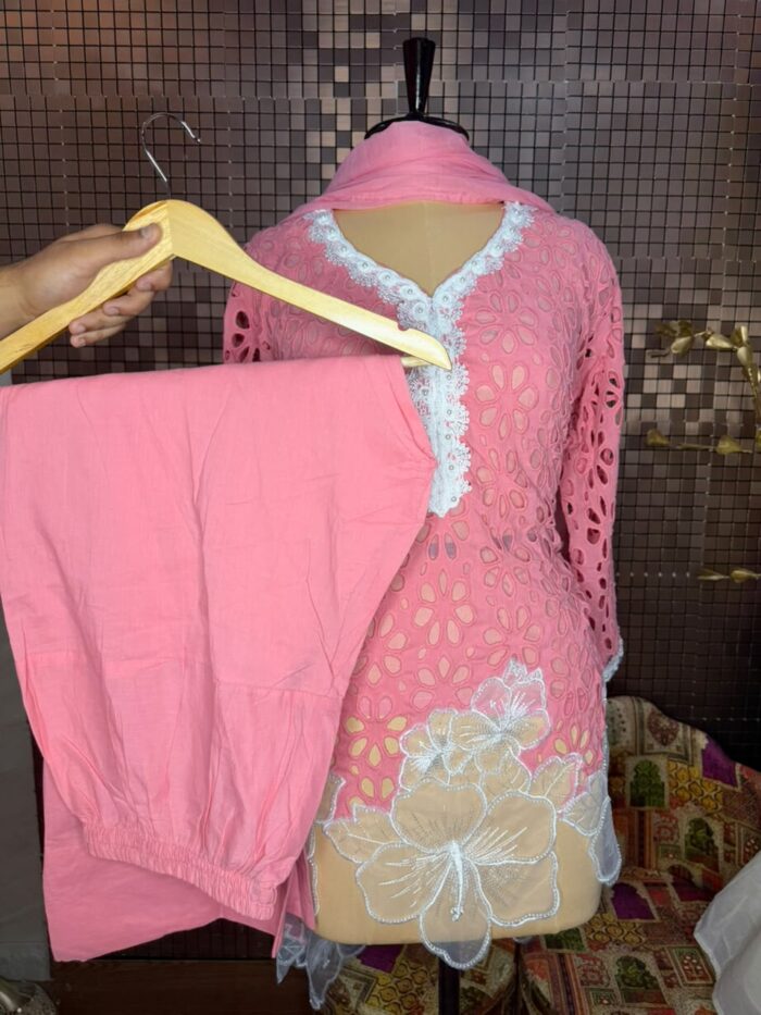 Cotton shiffali suit with cut work - Image 3