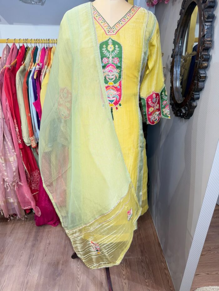 Yellow crushed tissue anarkali suit - Image 3